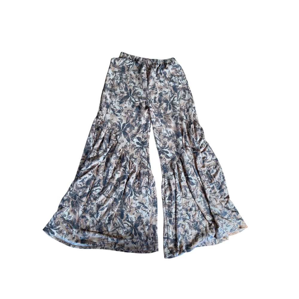 Ces‎ Femme Beige and black tropical leaf wide leg flare leggings beach coastal